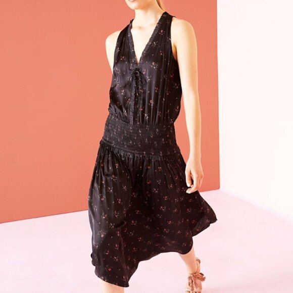 Ulla Johnson Black Ditzy Floral Midi Lucille Drop Waist Dress Sz 8 - Picture 2 of 11